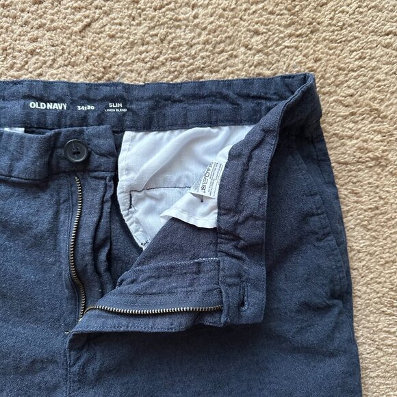 Old Navy Pants Mens 34x28 Mid Rise Linen Blend Slim Chino Navy Blue Preppy - Picture 4 of 13